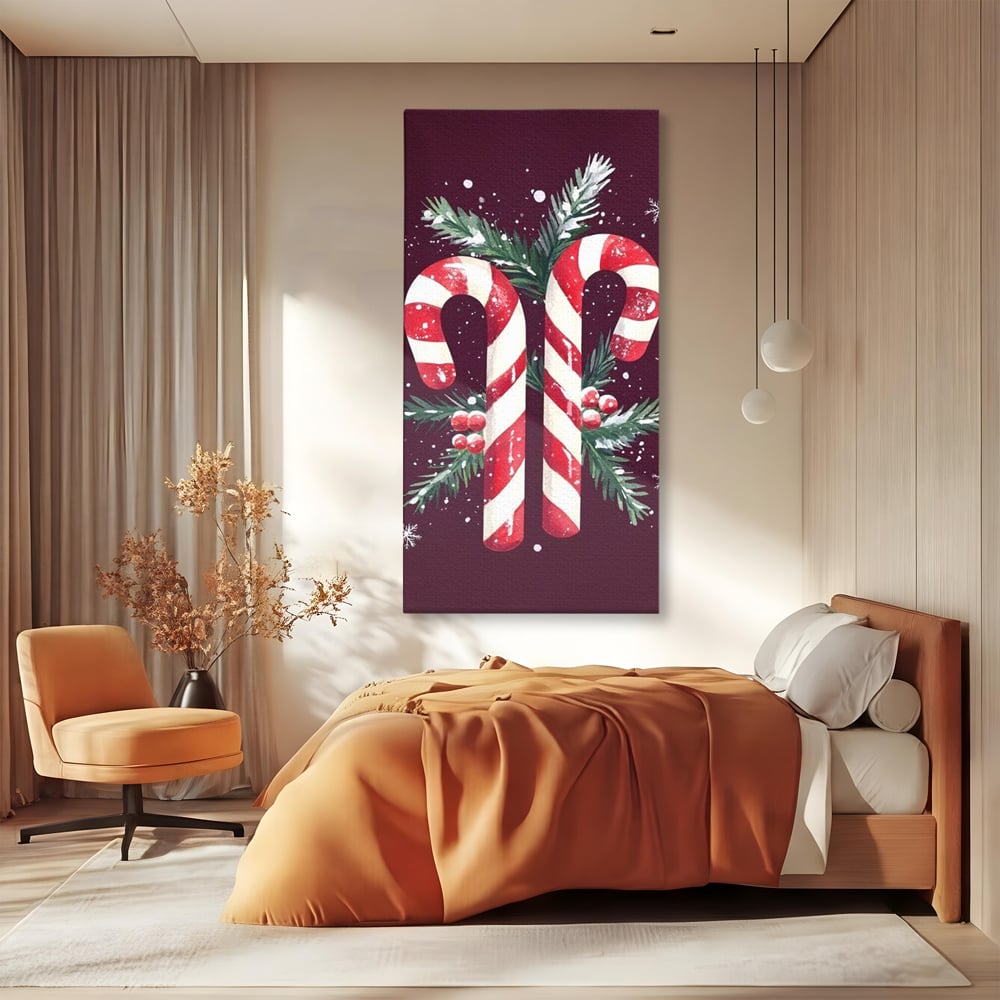 Tablou canvas cu tablou canvas cu bastonase de zahar, fara rama, pe sasiu de lemn, pe perete intr-un dormitor